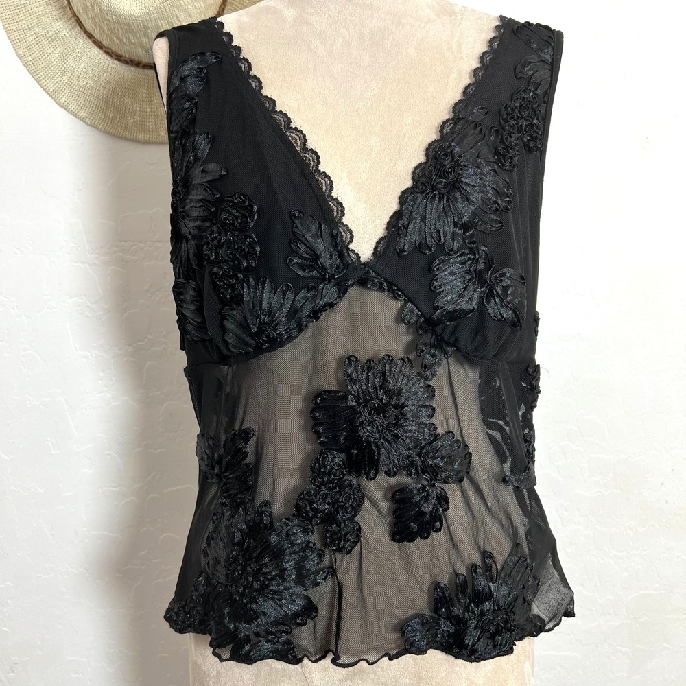 Black embroidered sheer mesh floral tank XL romantic feminine coquette chic boho